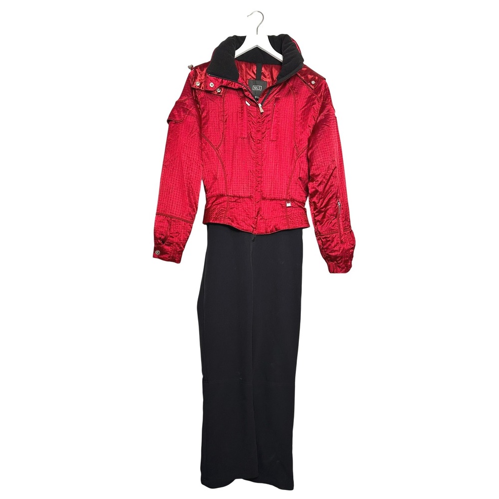 Vintage Nils Womens Red Black One Piece Ski Suit Metallic Quilted Snow Suit Sz 6